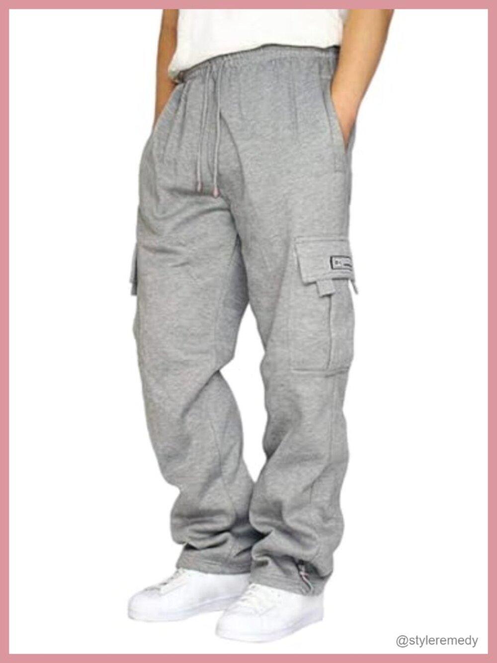 Men's Heavyweight Fleece Baggy Cargo Sweatpants Drawstring Joggers with Pockets